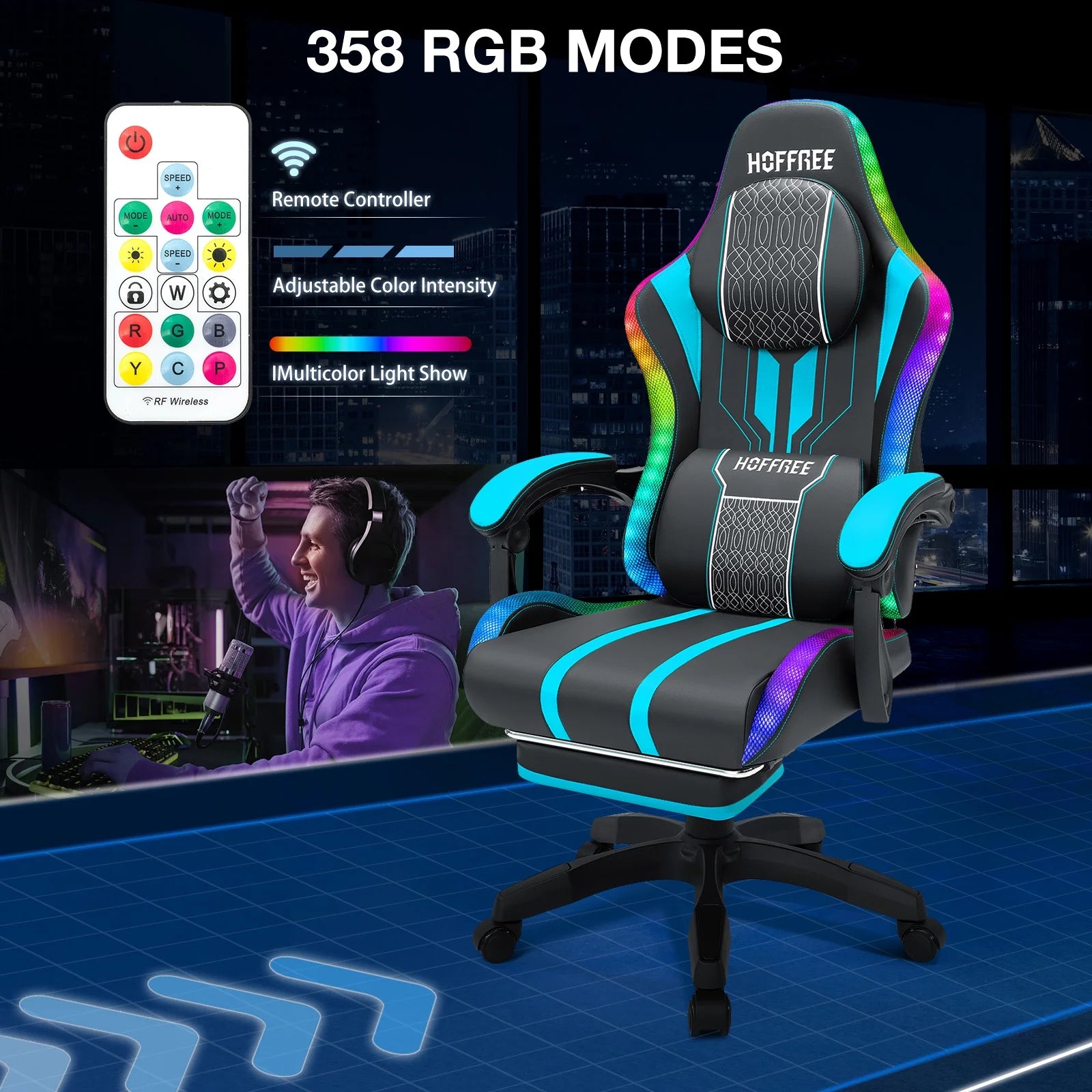 Big and Tall Gaming Chair with Speakers and RGB Lights, Gamer Chair with Footrest, Lumbar Support Height Adjustable 360-Swivel Seat and Headrest for Adults, 400Lbs