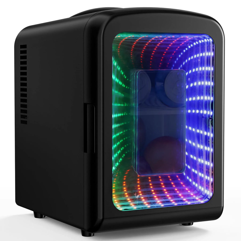 Portable Mini Fridge 4L Capacity/6 Cans,Mini Compact Refrigerator with Gaming Light for Bedroom,Car,Office and Dorm,Small Skincare Fridge Beverage Cooler for Drinks and Food,Black
