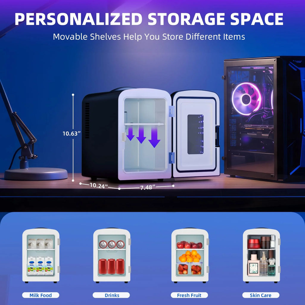 Portable Mini Fridge 4L Capacity/6 Cans,Mini Compact Refrigerator with Gaming Light for Bedroom,Car,Office and Dorm,Small Skincare Fridge Beverage Cooler for Drinks and Food,Black