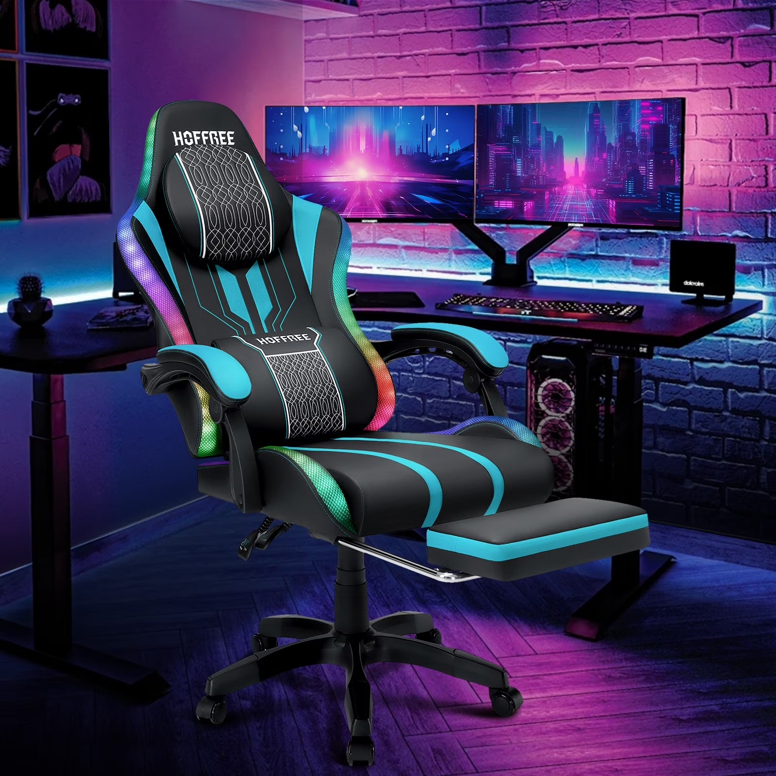 Big and Tall Gaming Chair with Speakers and RGB Lights, Gamer Chair with Footrest, Lumbar Support Height Adjustable 360-Swivel Seat and Headrest for Adults, 400Lbs