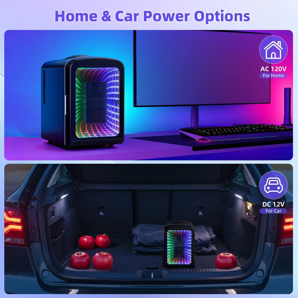 Portable Mini Fridge 4L Capacity/6 Cans,Mini Compact Refrigerator with Gaming Light for Bedroom,Car,Office and Dorm,Small Skincare Fridge Beverage Cooler for Drinks and Food,Black