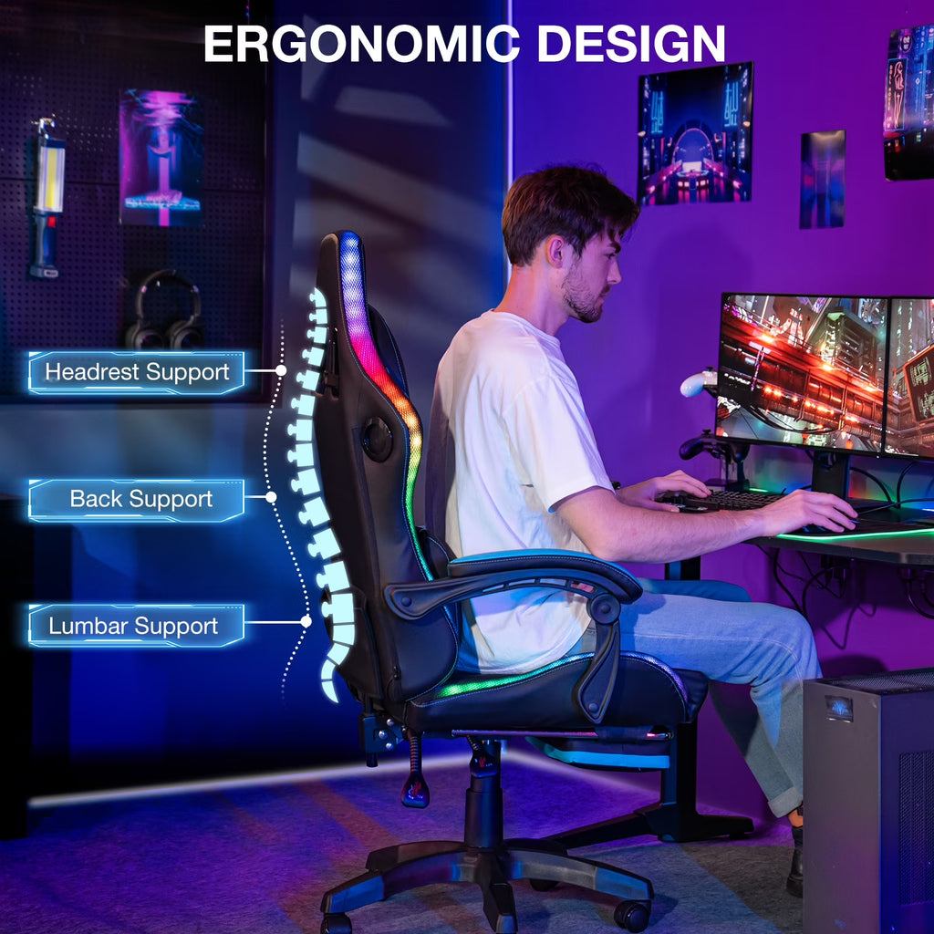 Big and Tall Gaming Chair with Speakers and RGB Lights, Gamer Chair with Footrest, Lumbar Support Height Adjustable 360-Swivel Seat and Headrest for Adults, 400Lbs