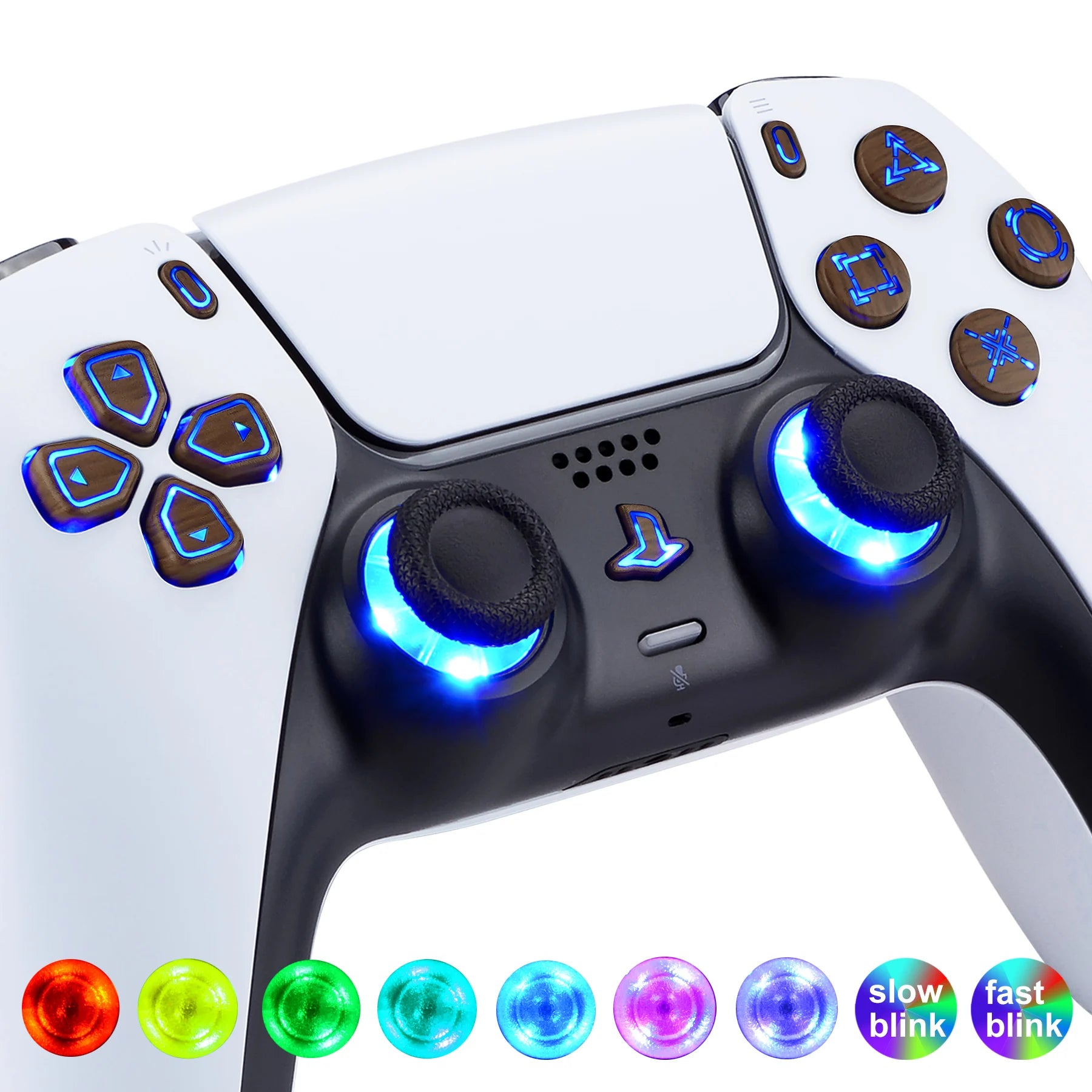 Multi-Colors Luminated, Classical Symbols DTF V3 LED Kit for PS5 Controller BDM-010 & BDM-020 - Wood Grain