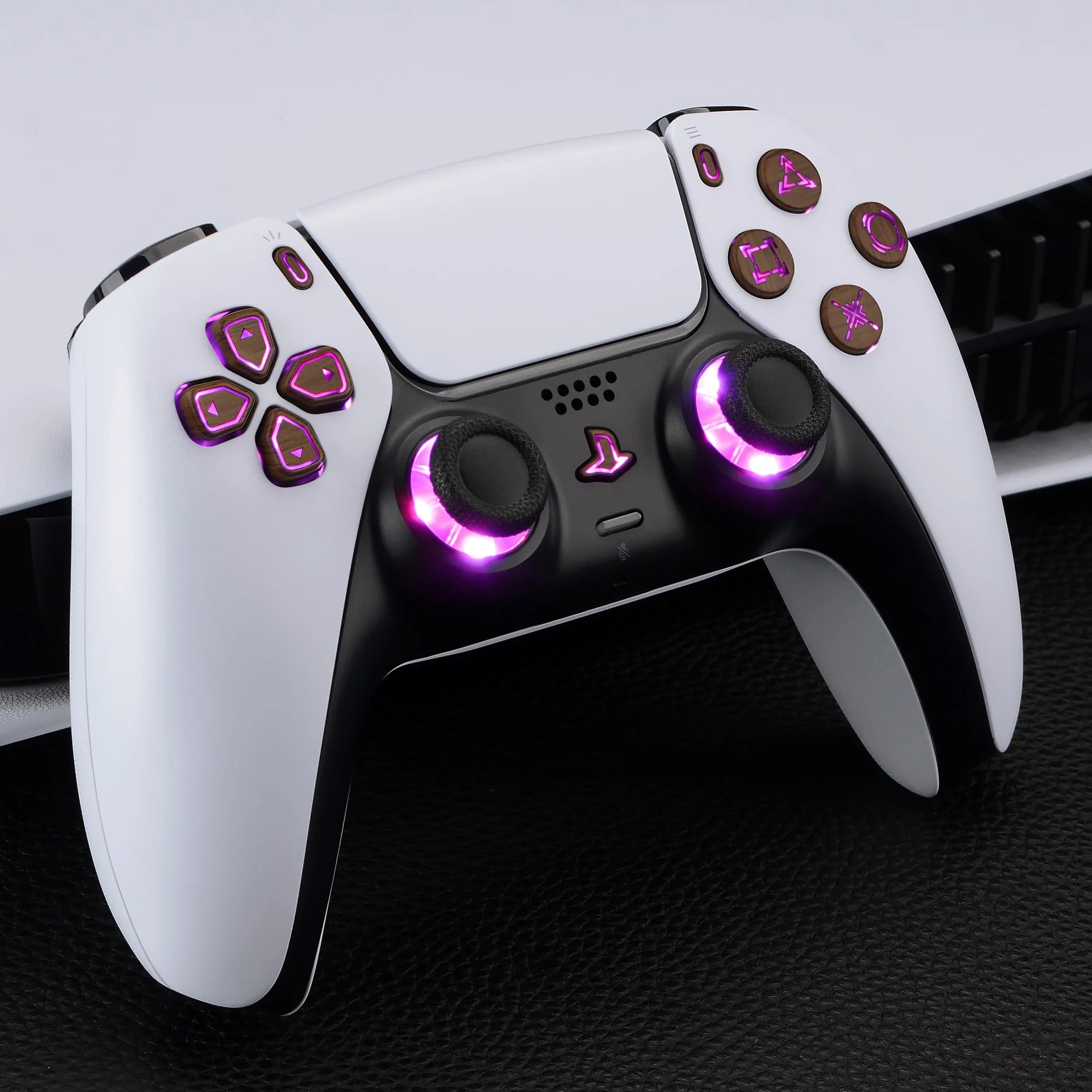 Multi-Colors Luminated, Classical Symbols DTF V3 LED Kit for PS5 Controller BDM-010 & BDM-020 - Wood Grain